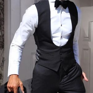 Zwarte mannen Vest voor bruilofts bruidegom één stuk slanke fit pak waastcoat vaste kleur mannelijke modejas 240320
