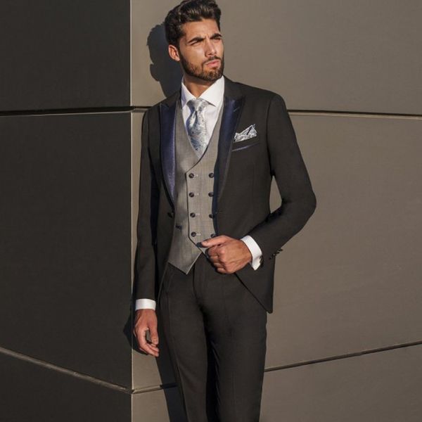 Tuxedos de mariage pour hommes noirs, deux pièces (veste + pantalon), vêtements pour garçons d'honneur, col à revers bleu marine, costumes formels sur mesure