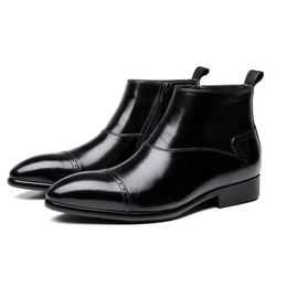 Black Mens Ankle pointu à orteil Fashion authentique Bottes de robe en cuir Chaussures de commerce masculin 206