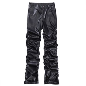 Black Mens High Street Pantalon en cuir décontracté plissé noir