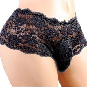 Negro para hombre Sexy Sissy bolsa bragas lencería encaje Floral Bikini calzoncillos Gay Girly ropa interior 1290Z