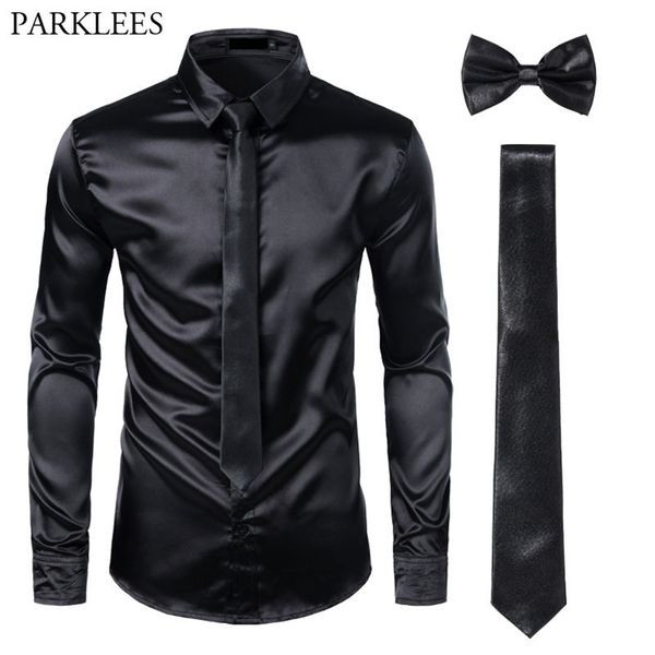 Noir Hommes Chemises habillées en soie 3pcs (chemise + cravate + noeud papillon) chemise en satin lisse hommes Slim Fit Party Prom Chemises décontractées Hommes Social Camisa LJ200925