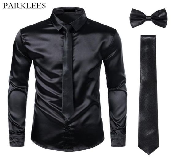 Black Mens Silk Robe Shirts 3pcsshirt Tiebowtie Smooth Satin Shirt Men Slim Fit Prom Shirts décontractés Men Social Camisa 205700315