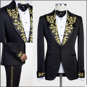 Zwarte Heren Smoking Goud Applicaties Bruidegom Slim Fit Bruiloft Blazer Suits Formele Prom Party Broek Jasje 2 Pieces272G