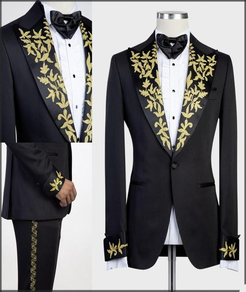 Tuxedos Black Mens Gold Appliques Groom Slim Fit Wedding Blazer Costumes Pant de fête de bal Feste 2 pièces 3204626