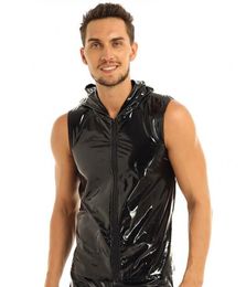 Noir Hommes WetLook Catsuit Costumes Débardeurs Brevet pvc simili Cuir À Capuche Sexy Clubwear Hip Hop T-Shirt Haut avec Fermeture À Glissière Costumes