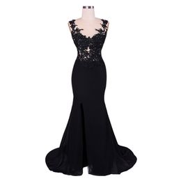 Robe De Soirée Sirène Noire 2019 Femmes Robes Formelles Dentelle Appliques Fente Latérale Robes De Bal Robes De Festa