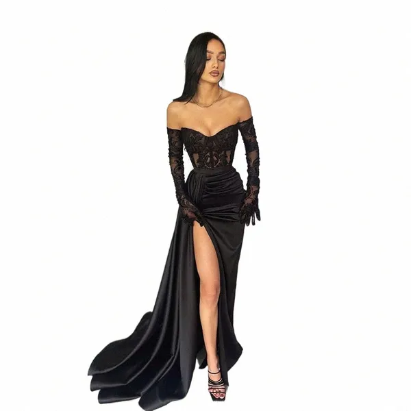 Robe de soirée en dentelle style sirène noire, épaules dénudées, manches Lg, plissée, fente haute, robes de bal spéciales pour femmes, O469 #
