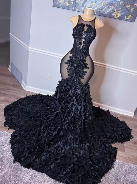 Robe de bal de sirène noire pour fille africaine perle les applications sans manches à paillettes