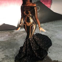 Black Mermaid Prom Dresses Lange Mouw Off Shoulder Seetined Flowers Avondjurken Plus Size Afrikaanse 2K19 Caftan Speciale gelegenheden Jurk