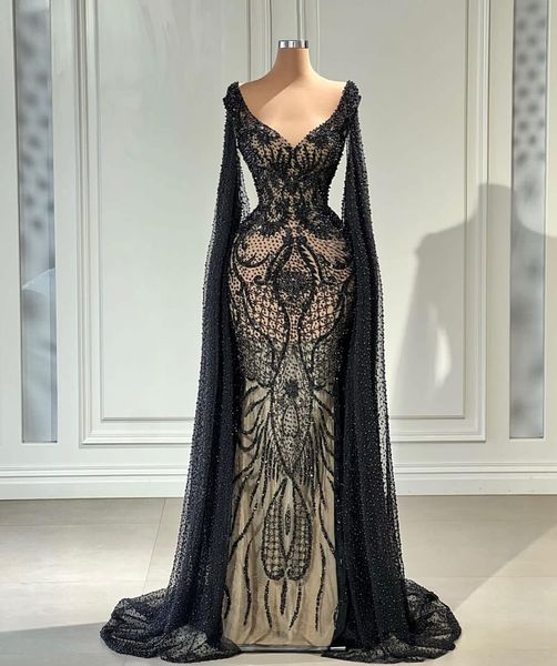 Robes de bal sirène noires manches longues col en V capes appliques paillettes perlées longueur de plancher dentelle 3D creux robe de soirée scintillante robes de mariée plus la taille sur mesure