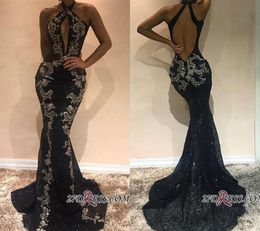 Zwarte Mermaid Prom Dresses Lovertjes Halter Sexy Back Sweep Train Mouwloze Formele Jurk Party Plus Size Arabische Quinceanera Jurken