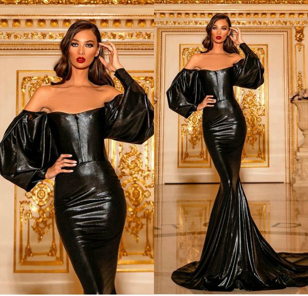 Robes de bal sirène noire 2020 épaule dénudée à manches longues robes de soirée fermeture éclair dos formelle fête piste robe de mode