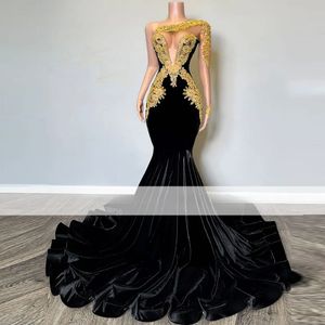 Black Mermaid Sexy prom kleedt één schouder Gold Appliques African Women Gala Party Jurken Vestidos de On Formales