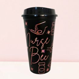 Aangepast logo zwart zeemeermin cup 24 oz 710 ml herbruikbare plastic stro kopje met transparant cilindrisch deksel, warm en koud drinkbeker