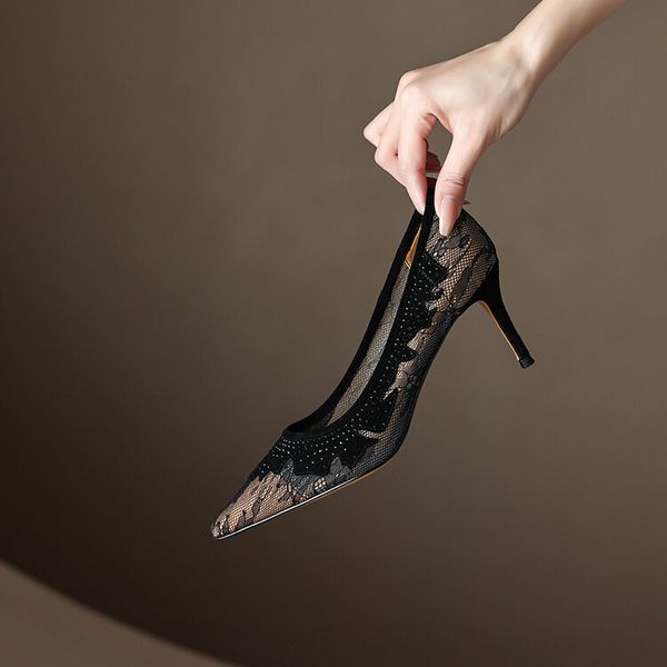 Chaussures de robe de mariée en filet de maille noire, chaussures de soirée en dentelle à talons hauts et fins, Sexy