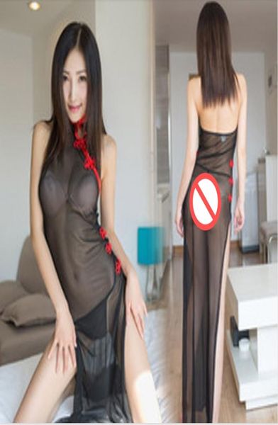 Black Mesh Seethrough Lingerie sexy avec une jupe licou sexy pour les femmes séductives robe longue Qipao Europe et Américain Tra5023571