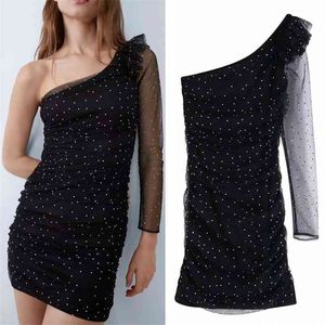 Noir Mesh Sequin Party Dress Femmes Une Épaule Sheer À Manches Longues Mince Mini Sexy es Dames Vintage 210519