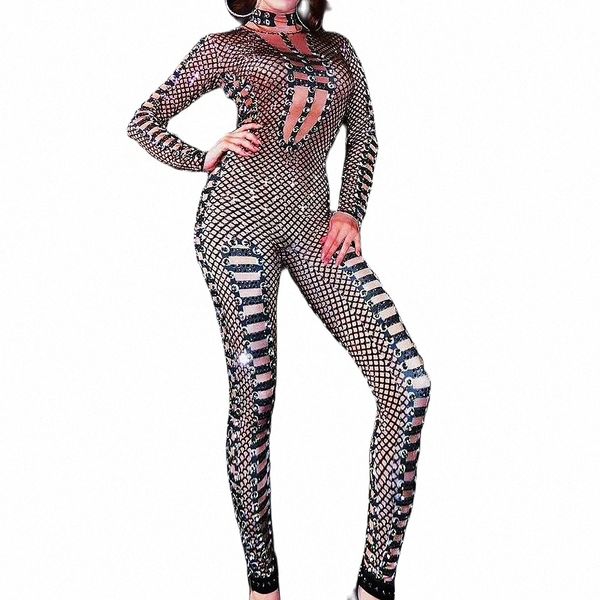 Maille noire transparente Skinny élastiques combinaisons scintillantes strass femmes body fête d'anniversaire tenue discothèque Costumes U7Se #