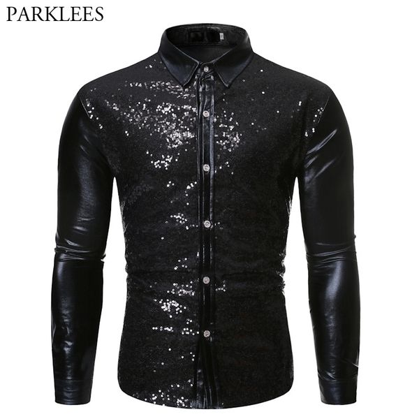 Camisa de retazos de lentejuelas metálicas negras para hombre, estilo discoteca, vestido de baile de discoteca, camisas para hombre, fiesta de Halloween, graduación, Chemise Homme 210522