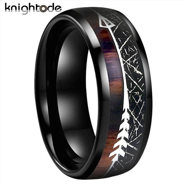 Bague en carbure de tungstène avec incrustation de Texture Unique en bois météoritekoa noir pour 8mm hommes femmes mariage dôme argenté poli 240119