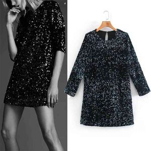 Black Mini Sequin Party Dress Women Colorida Glitter Manga larga Mujer brillante Vintage Elegant ES 210519