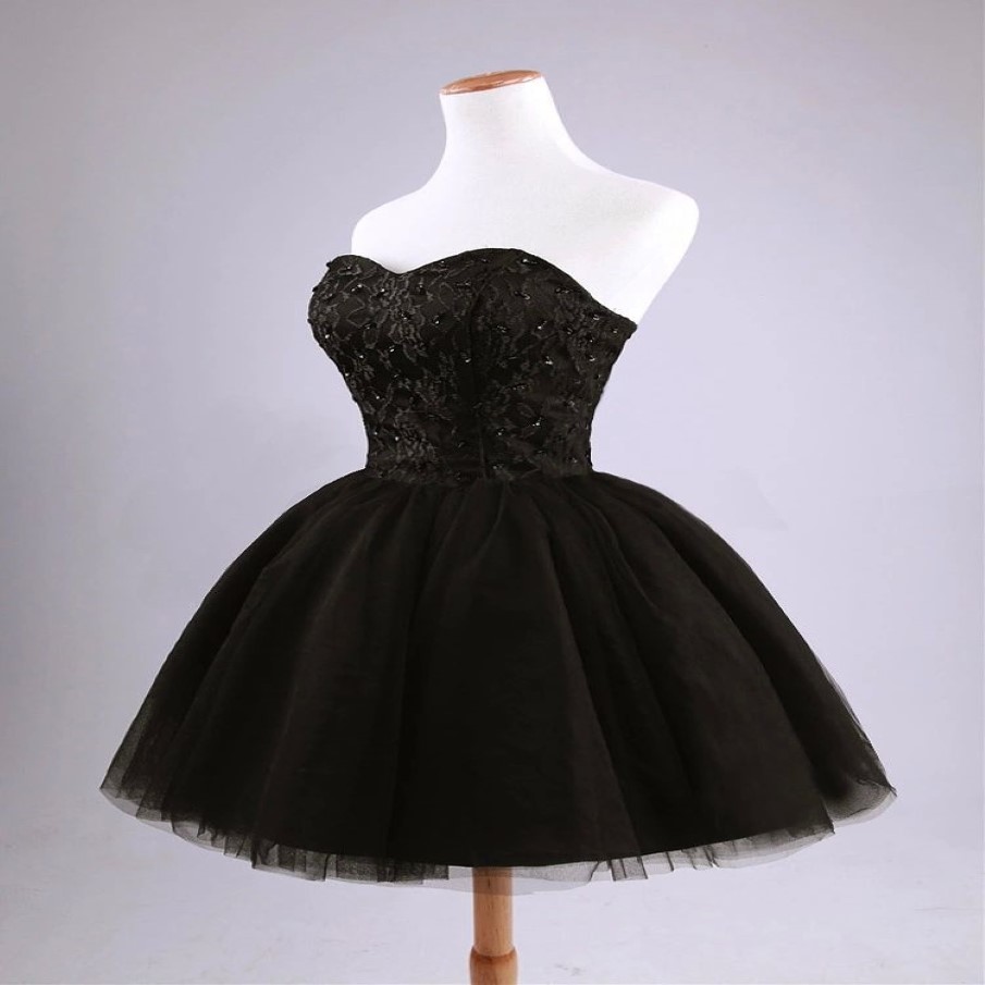 Zwarte Mini Korte Tule Feestjurken Mooie Strapless Kralen Lace-Up Korte Homecoming Jurk Sweet 16 Dresses321r