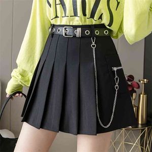 Zwart Mini rok vrouwen punk gothic hoge taille goth harajuku rokken schattige school meisje preppy stijl geplooide rok met riem 210730