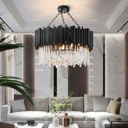 Zwarte moderne kroonluchterverlichting voor woonkamer luxe ronde kristallen lamp woondecoratie ketting led cristal verlichtingsarmaturen299Q