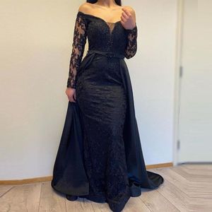 Vestidos negros para madre de la novia con hombros descubiertos, manga larga, apliques de encaje, espalda abierta con vestido de noche desmontable robe de soiree de mariage