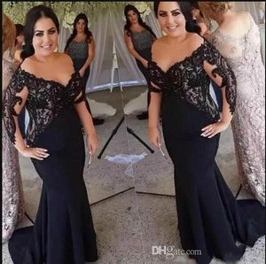 Vestidos negros para la madre de la novia Tallas grandes Sirena Formal Manga larga Vestidos de fiesta de noche de encaje para la boda Longitud del piso Novio Vestido de madre