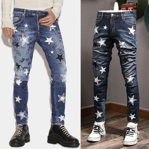 Jeans motocycle imprim￩ bleu hommes pantalon denim pantalon peinture effet pantalon de cowboy slim fit
