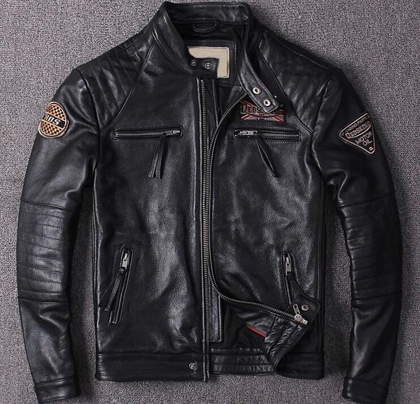 Huile moteur noire Vestes en cuir véritable col montant costume de moto veste en cuir première couche veste de course de veau