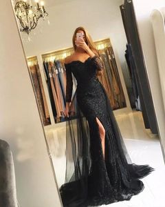 Black Muslim Evening Dresses 2023 Mermaid 3/4 Sleeves Lace Beaded Slit Tulle V-Neck Dubai Kaftan Saudi Arabic Long Prom Party Dress Gown