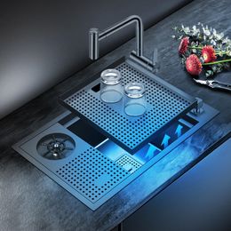 Zwarte nano verborgen gootsteen met bekerwasser wassen een enkele huiskeukens bassin kom dubbele afdekplaat