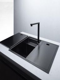 Fregadero de cocina hecho a mano de acero inoxidable Nano oculto, negro, individual, doble cuenco, lavabo grande, lavabo bajo encimera para balcón, 3639518