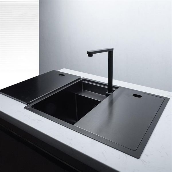 Évier de cuisine fait à la main en acier inoxydable noir Nano caché simple Double bol comptoir grand bassin sous plan balcon bassin Sink287R