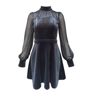 Black Navy Blue Pink Fluwelen Stand Kraag Bladerdeeg Mouw Lange Korte Mini Jurk Elegante Winter Autum Mesh DOT D1414 210514