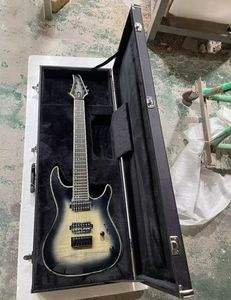 Zwarte Neck-thru-body 7-snarige elektrische gitaar met ebbenhouten toets, parelbinding, kan worden aangepast