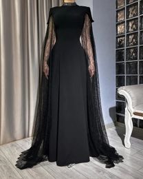 Zwarte nek vintage hoge avondjurken met kanten cape mouwen vloerlengte een lijn elegante Arabische Dubai prom jurk formele ocnjurk voor vrouwen 2024 rabic
