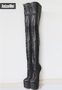 Black New 22cm Ultra High Heels Laceup Plateforme Gold Metal Stiletto Talon pointé sur le genou Femmes Charot High Boots Man Dancin8800510