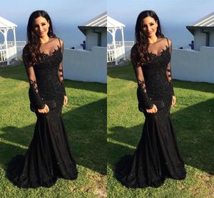 Zwart nieuwste lange illusie mouwen prom -jurken Mermaid Lace Applique pailletten vegen trein juweel pure nek plus size avond feestjurk