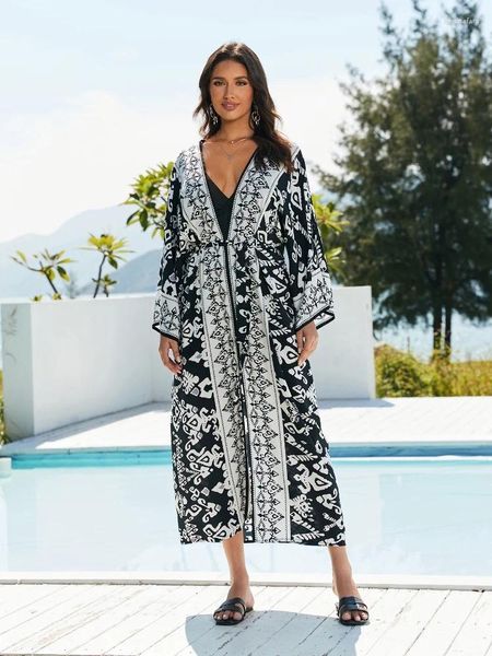 Cárdigan negro de manga de nueve cuartos para mujer, cárdigan con estampado de kimono, traje de baño, bata de baño para vacaciones, chaqueta ligera Q1605