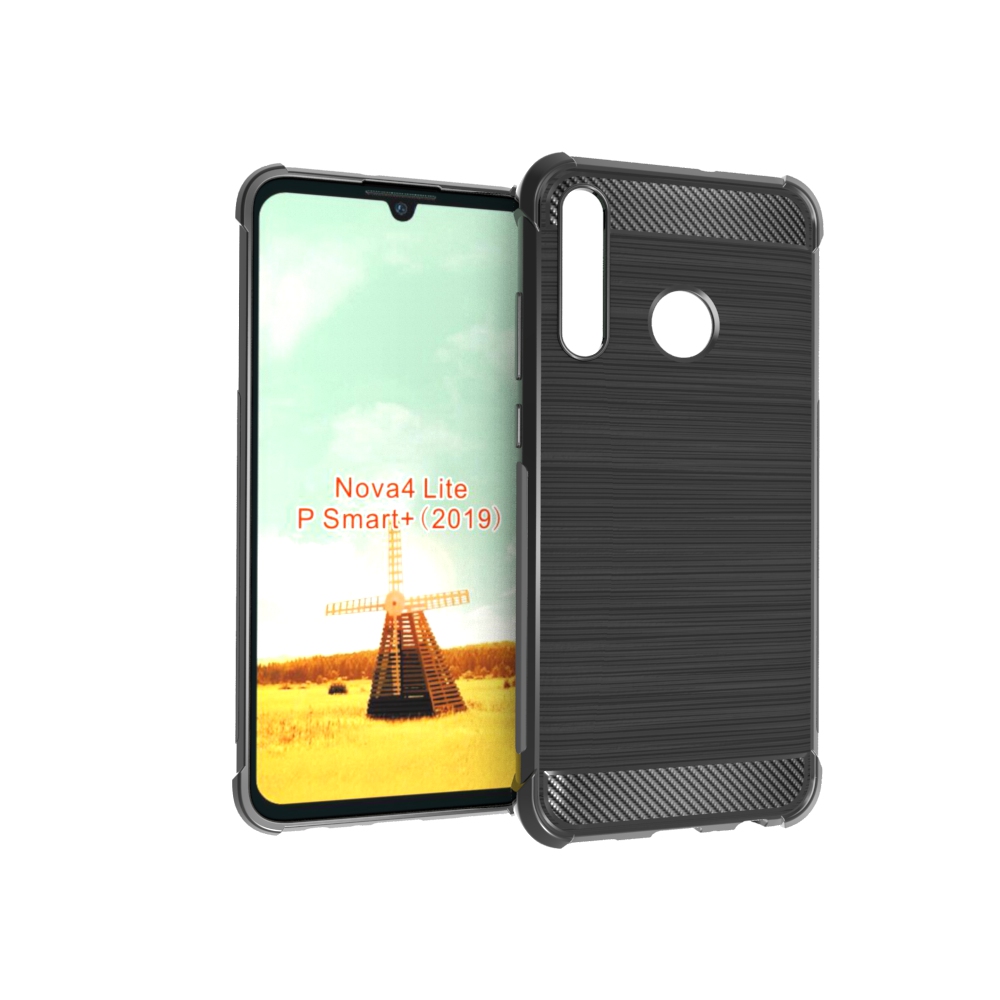 Czarny antypoślizgowy miękki włókno węglowe wstrząsy TPU Case dla Huawei Nova 4 Lite P Smart + 2019