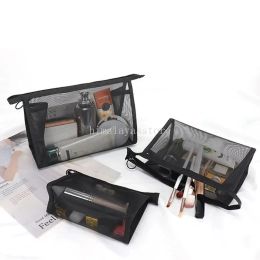 Zwart Nylon Mesh Transparant Cosmetische Tas Reizen Dames Toilettas Make-up Organizer Case Etui met grote capaciteit