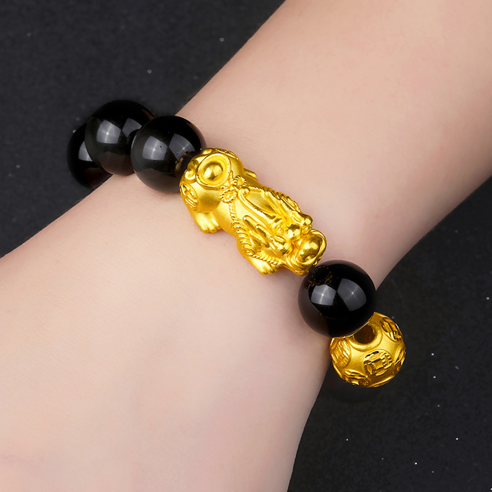 Black Obsidian Beads Feng Shui Bracelet 3D Gold Plated Wealth Pixiu Bracelet Mascot Animal Jewelry