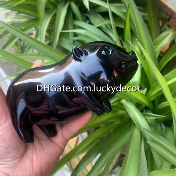 Obsidiana negra Cristal de cuarzo Cerdo Estatua Lindo regalo Gran piedra natural Vidrio volcánico Semipreciosa Piedra preciosa tallada Grasa Zoon Cráneo Escultura Decoración para el hogar Colección