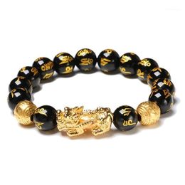 Zwarte obsidiaan rijkdom armband verstelbare releases negatieve energieën armband met gouden Pi Xiu Lucky Amulet #301230N