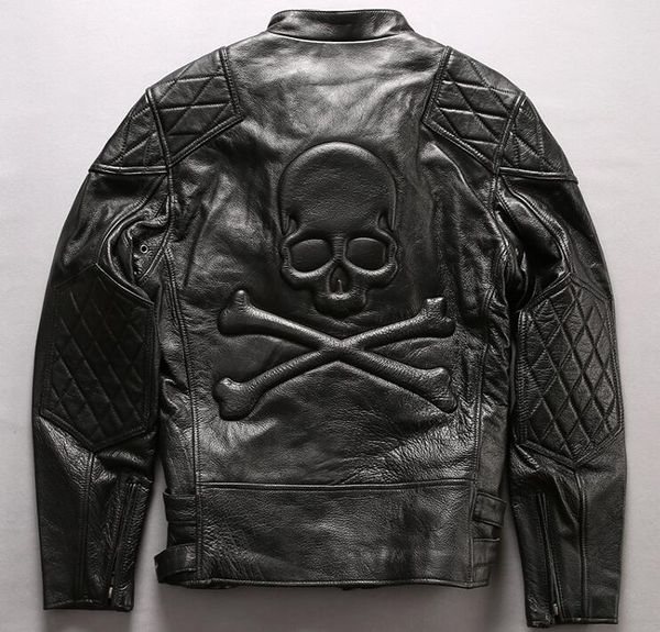 Vestes noires en cuir véritable pour moto tout-terrain, avec fermeture éclair ykk, col montant, tête de crâne estampillée, veste de course en cuir