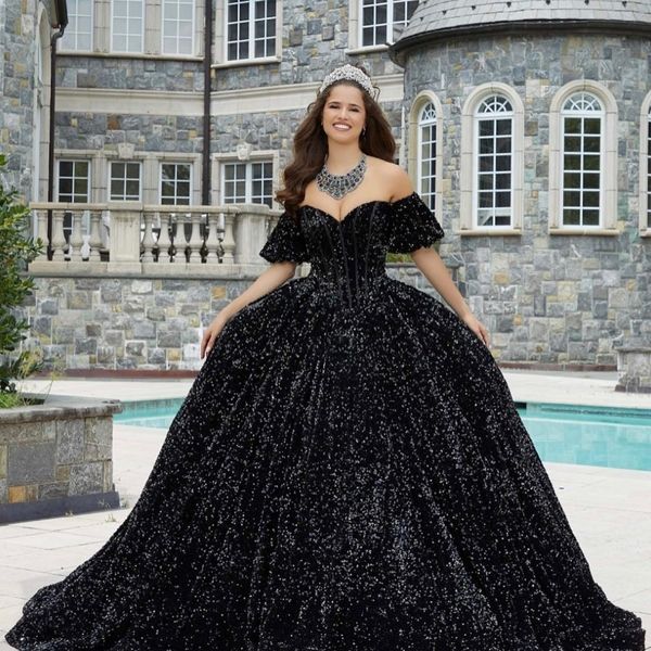 Black Off the épaule Robe de bal de quinceanera robes paillettes à paillettes Vestidos de 15 Anos Birthday Party Prom Robes Princess 16